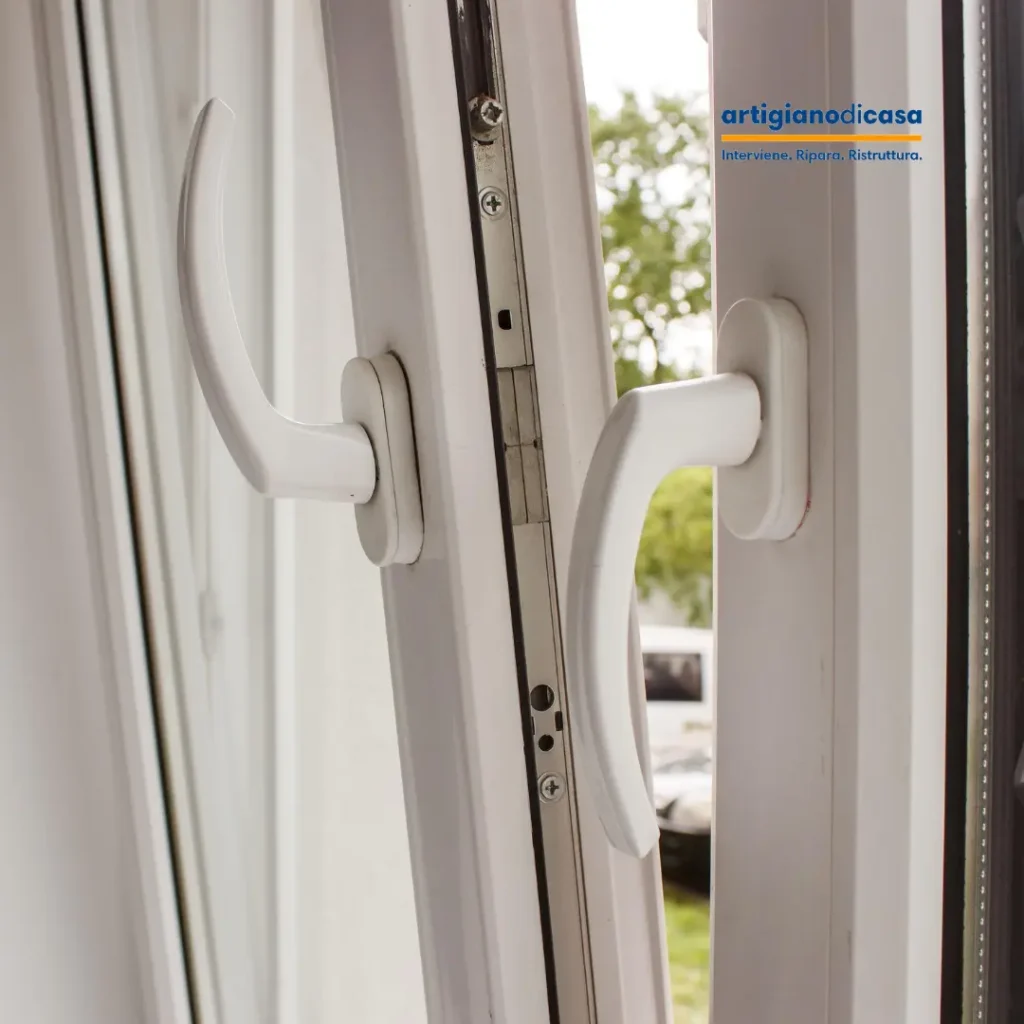 Dettaglio maniglia e ferramenta di una finestra in PVC aperta, esempio di infissi ad alte prestazioni per isolamento termico.
