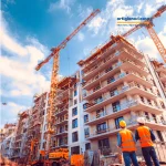 Cantiere edile con gru e palazzo in costruzione, due operai con caschi e giubbotti ad alta visibilità.