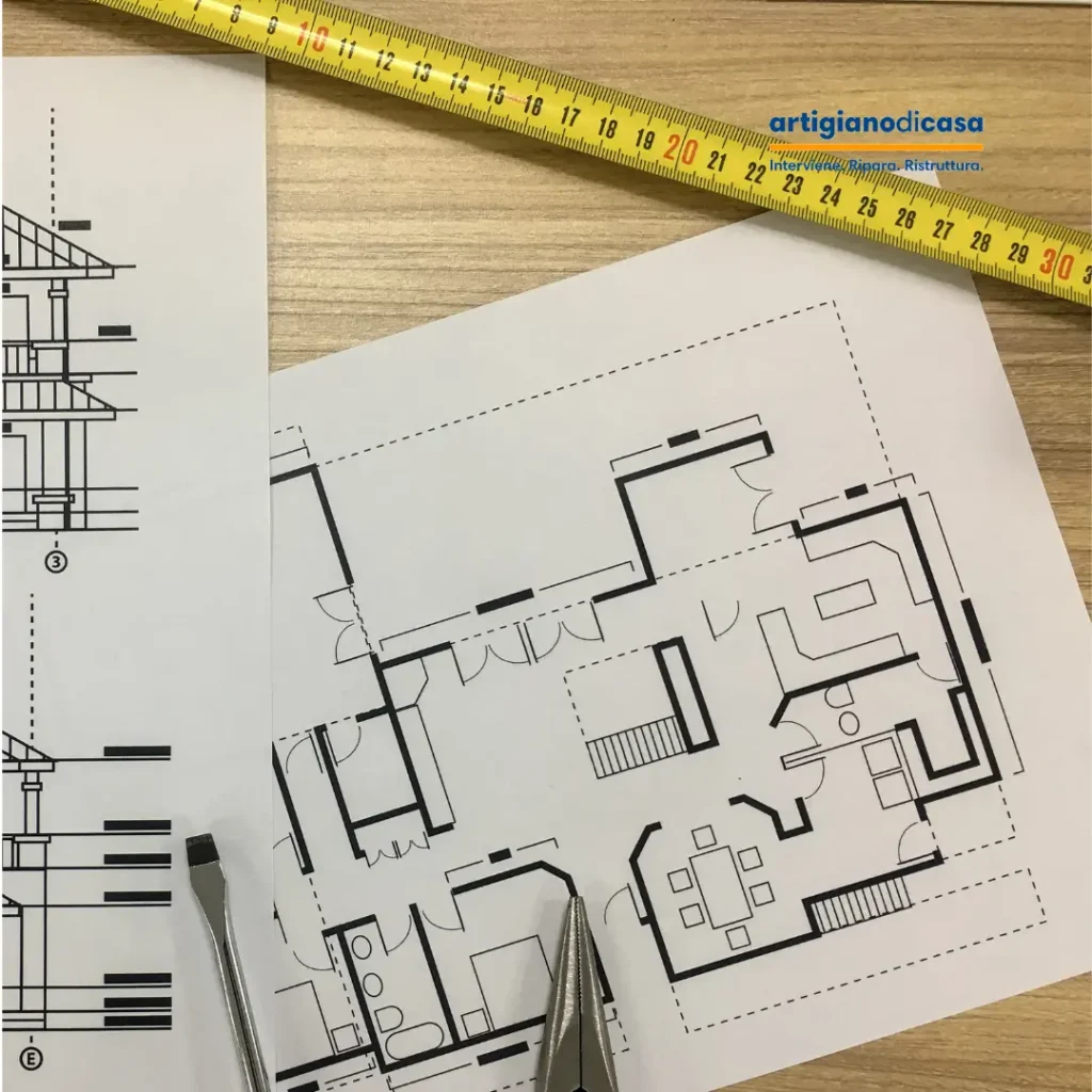 Planimetria di casa su tavolo con metro e strumenti, per pianificare piccoli interventi e migliorare gli spazi.